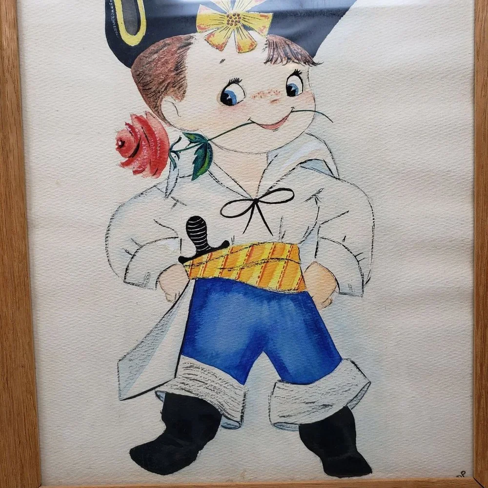 Vintage Child Art Paintings Pirate Astronaut Set Framed Watercolor Signed